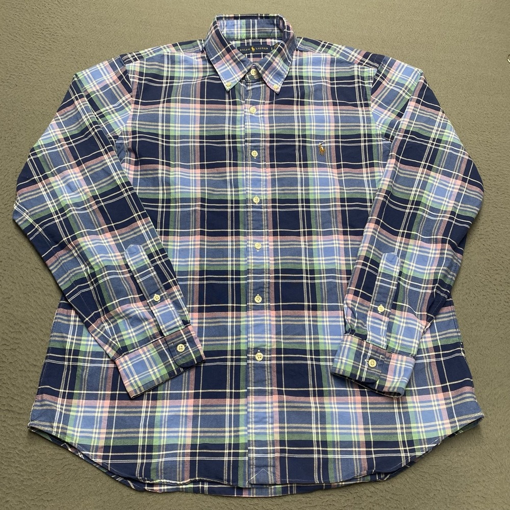 Ralph Lauren Shirt Mens Large Blue Plaid Long Sleeve Button Up Pony Logo Classic